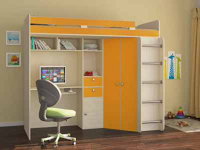 Кровать чердак Астра Дуб молочный/Оранжевый