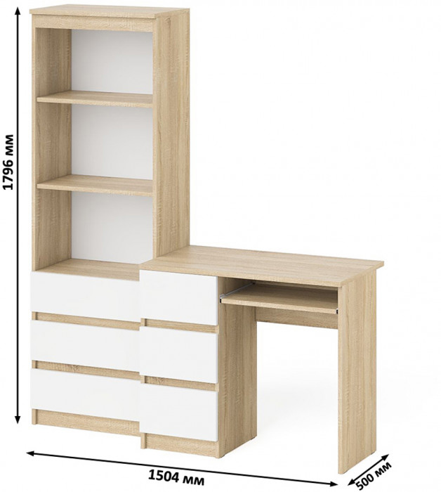 Мори Стол компьютерный МС-6 левый + Стеллаж МСТ600.3, цвет дуб сонома/белый, ШхГхВ 150,4х50х179,6 см., выдвижные ящики слева, НЕ универсальная сборка