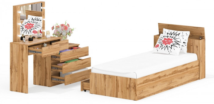 Ксения Кровать с ящиками 0900 + Стол косметический с подсветкой 110, дуб вотан