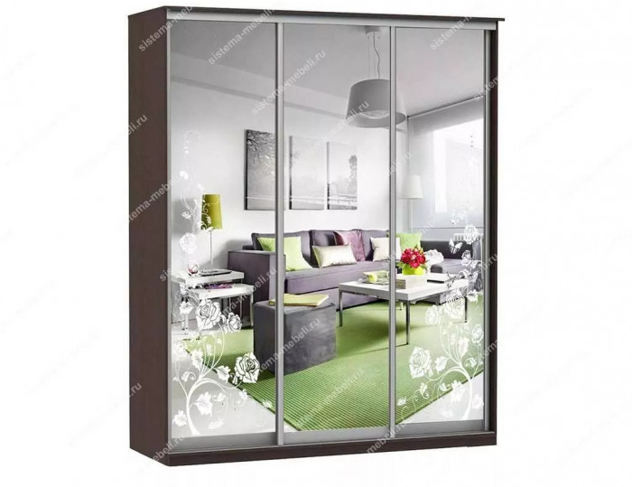 Шкаф купе Модерн 1776х450 3-х дверный 2-х секционный зеркальный с пескоструем №3 венге