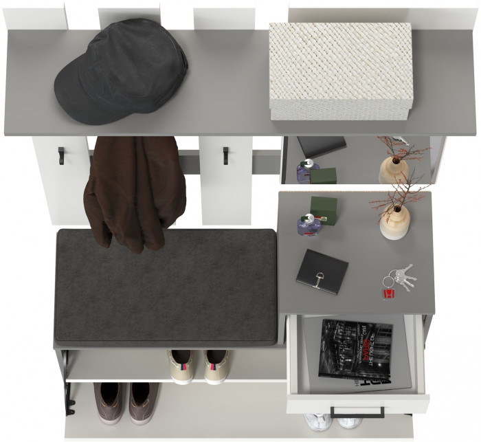 Лира ГК Прихожая 1 2-0714+2-3814 Тумба под обувь + Вешалка с зеркалом, цвет графит/белый, ШхГхВ 100х33х185 см., универсальная сборка