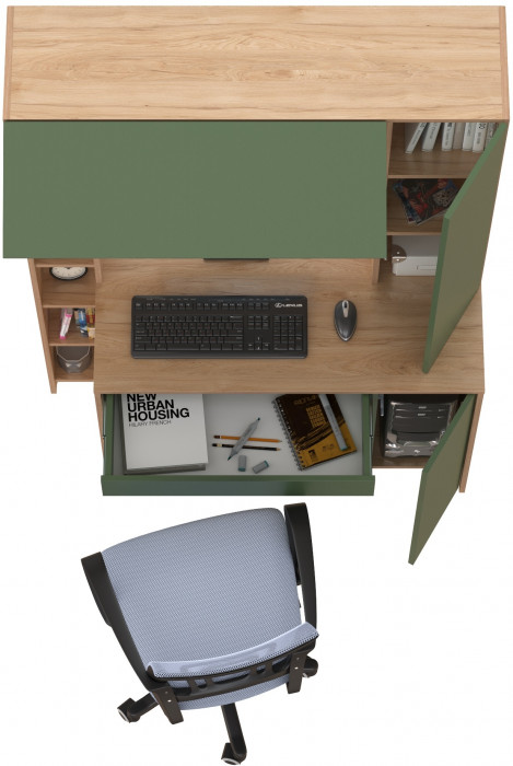 Стол компьютерный Комфорт 12.71 + кресло 103 серое, цвет гикори рокфорд натуральный/дымчатый зелёный, ШхГхВ 116,7х60,2х165,4 см., НЕ ун. сборка