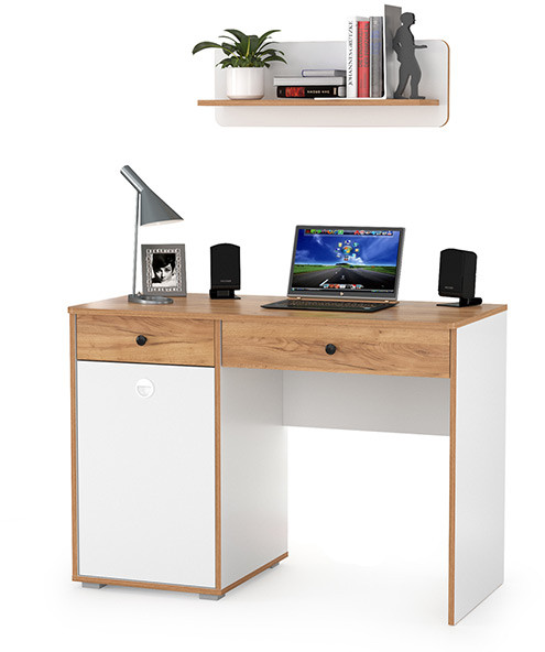 Вуди Стол письменный 12.42 + Полка 15.46, цвет белый премиум/дуб крафт золотой, ШхГхВ 110х52,7х170 см., универсальная сборка