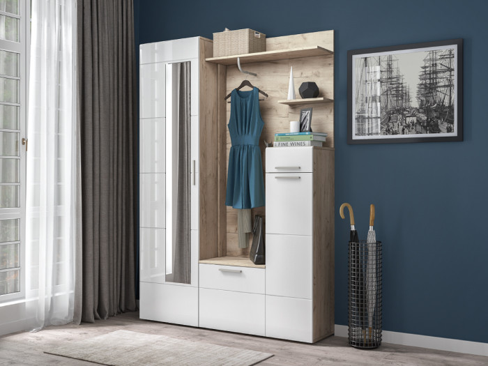 Лайн Прихожая № 01, цвет дуб крафт серый/фасады МДФ белый глянец, ШхГхВ 144,8х35,1х210 см., НЕ универсальная сборка
