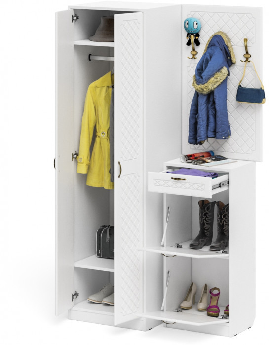 Прихожая П-6 Компоновка № 18, цвет белая шагрень/фасады МДФ белое дерево фрезеровка ромб, ШхГхВ 120х50х210 см., универсальная сборка