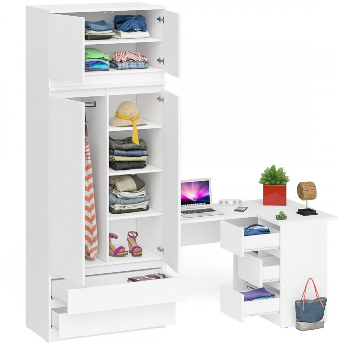 Мори Стол компьютерный МС-16 правый + Шкаф МШ900.1 + Антресоль МА900.1, цвет белый, ШхГхВ 214,8х84,9х234,2 см., выдвижные ящики справа, НЕ универ. сб.