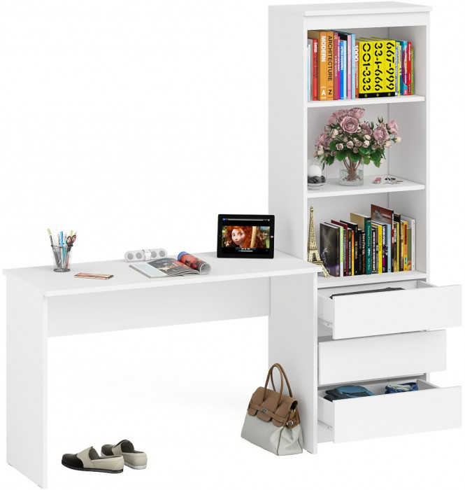 Мори Стол письменный МСП1200.1 + Стеллаж МСТ600.3, цвет белый, ШхГхВ 180,8х50х179,6 см., универсальная сборка