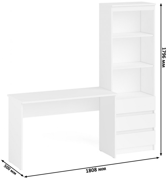 Мори Стол письменный МСП1200.1 + Стеллаж МСТ600.3, цвет белый, ШхГхВ 180,8х50х179,6 см., универсальная сборка