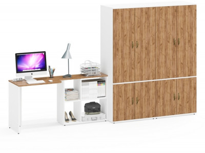 Лидер-8 Стол + Шкаф МД 19Б + Шкаф МД 19Б, цвет белый шагрень/крафт золото, ШхГхВ 325х50х75/190 или 240х115/50х75/190 см., НЕ ун. сборка