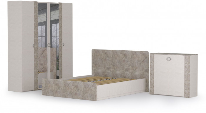 Амели Спальня № 10 Шкафы 08.49 + 13.133 + 08.49 + Кровать 11.31 + под. ортопед + Комод 13.107, цвет шёлк. камень/бетон чикаго беж, 1600х2000 мм, б/м