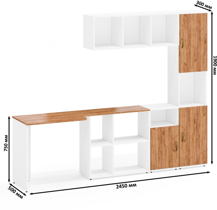 Лидер-8 Стол + Полка + Тумба МД 3.19 + Пенал, цвет белый шагрень/крафт золото, ШхГхВ 245х50/30х75/190 или 160х115/30х75/190 см., НЕ универс. сб.