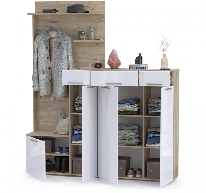 Лайн Прихожая № 05, цвет дуб крафт серый/фасады МДФ белый глянец, ШхГхВ 179,8х35,1х210 см., НЕ универсальная сборка