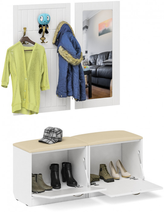 Прихожая П-6 Компоновка № 02, цвет белая шагрень/фасады МДФ белое дерево фрезеровка прованс, ШхГхВ 120х35х200 см.