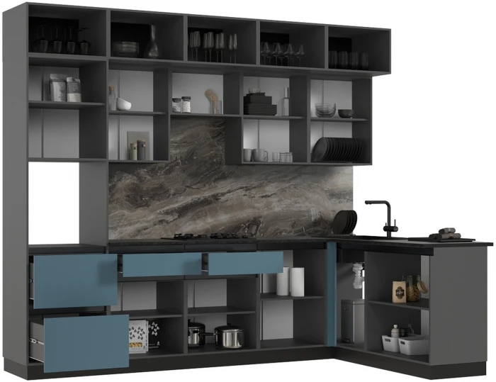 Кухня Техно-6 3,0х1,8м Графит/Браш Блю