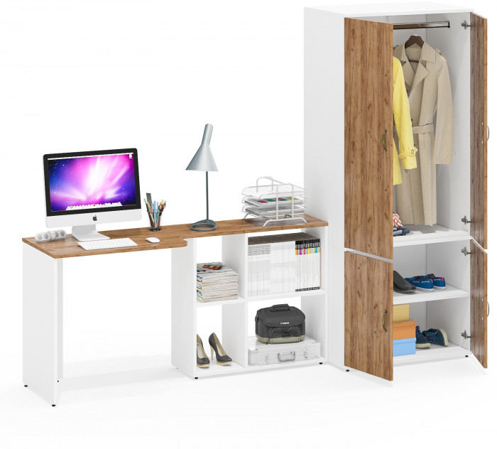 Лидер-8 Стол + Шкаф МД 19Б, цвет белый шагрень/крафт золото, ШхГхВ 245х50х75/190 или 115х160/50х75/190 см., НЕ универсальная сборка