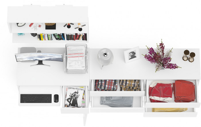 Мори Стол компьютерный МС-1 правый + Комод МК1380.6 + Полка 900, цвет белый, ШхГхВ 228х50х209,6 см., НЕ универсальная сборка