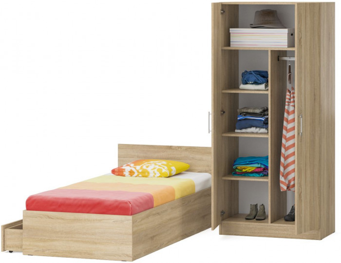 Кровать с ящиками 0900 + Шкаф 2-х створчатый Стандарт, цвет дуб сонома, ШхГхВ 93,5х203,5х70 + 90х52х200 см., сп.м. 900х2000 мм., б/м, основание есть