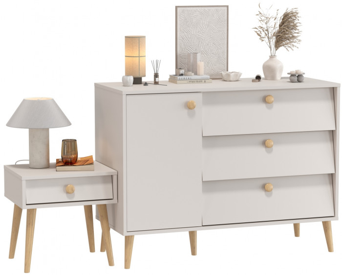 Афина Спальня Комод с дверкой и тремя ящиками + Тумба прикроватная, цвет кашемир серый, ШхГхВ 110х45,3х83 + 45х37х45 см., универсальная сборка