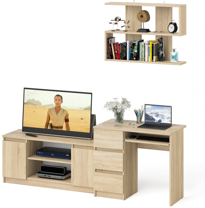 Мори компьютерный стол МС-6 левый + Тумба МТВ1200.1 + Полка 900, дуб сонома