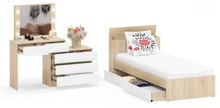 Ксения Кровать с ящиками 0900 + Стол косметический с подсветкой 110, дуб сонома/белый