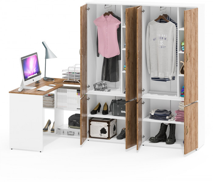 Лидер-8 Стол + Шкаф МД 20Б + Шкаф МД 20Б, цвет белый шагрень/крафт золото, ШхГхВ 325х50/37,5х75/190 или 115х240/50х75/190 см., НЕ ун. сборка