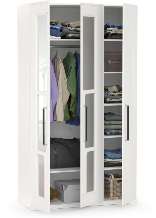 Валенсия Спальня Шкаф для одежды 3-х створчатый с зеркалами, цвет ЛДСП белый шагрень/МДФ белый шагрень, ШхГхВ 126х54,2х225,3 см., универсальная сборка