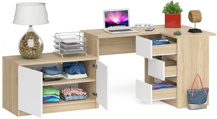 Мори компьютерный стол МС-16 правый + Тумба МА900.1, дуб сонома/белый