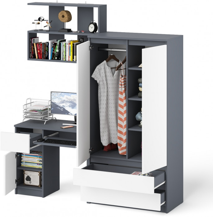Мори компьютерный стол МС-1 левый + Шкаф МШ900.1 + Полка 900, графит/белый