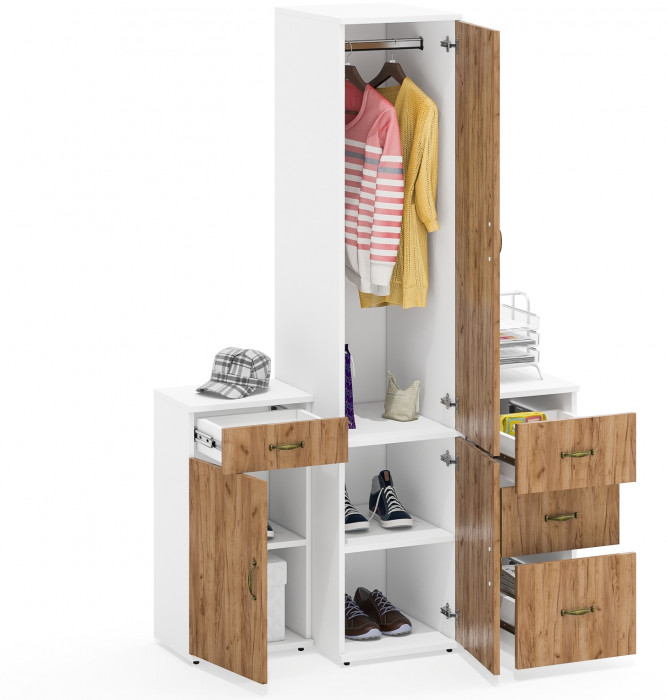 Лидер-8 Пенал МД 23Б + Тумба МД 3.15 + Тумба МД 3.16, цвет белый шагрень/крафт золото, ШхГхВ 120х50х190 см., универсальная сборка