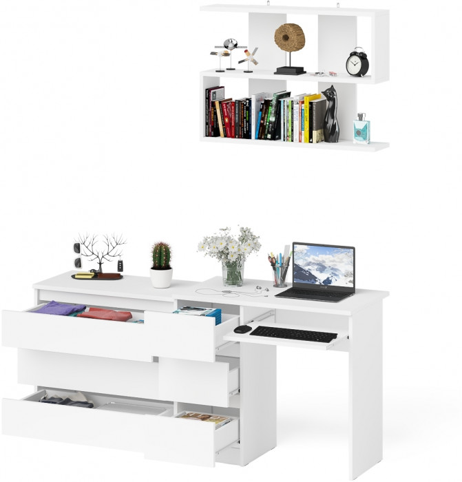 Мори Стол компьютерный МС-6 левый + Комод МК800.1 + Полка 900, цвет белый, ШхГхВ 170,4х50х209,6 см., НЕ универсальная сборка