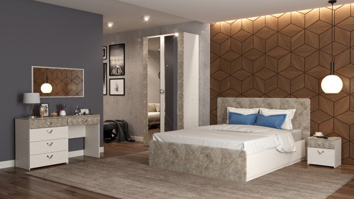 Амели Спальня № 8 Комод 13.106 + Стол туалетный + Зеркало + Шкаф 13.133 + Кровать 11.31 + под. ортопед + Тумбочка, 1600х2000 мм, б/м