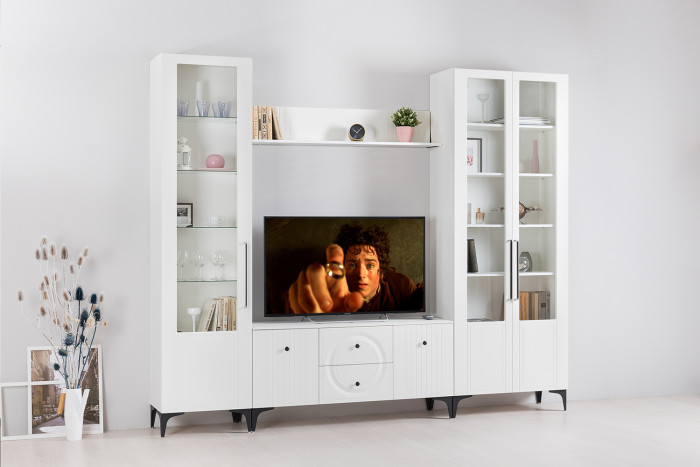 Валенсия Гостиная 16.481 Полка, цвет ЛДСП белый шагрень/МДФ белый шагрень, ШхГхВ 133х22,2х23,8 см.