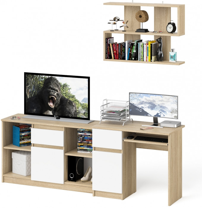 Мори Стол компьютерный МС-1 левый + Тумба МТВ1204.1 + Полка 900, цвет дуб сонома/белый, ШхГхВ 210,4х50х209,6 см., НЕ универсальная сборка