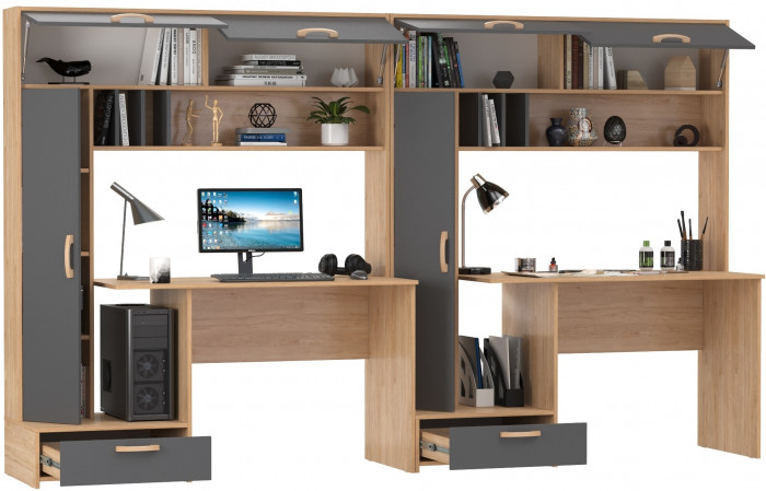 Лайт Стол письменный 03.243Н + Лайт Стол письменный 03.243Н, цвет гикори рокфорд натуральный/тёмно-серый, ШхГхВ 300,4х57,3х179,9 см., НЕ ун. сборка