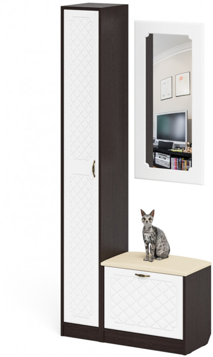 Прихожая П-6 Компоновка № 20, цвет венге/фасады МДФ белое дерево фрезеровка ромб, ШхГхВ 90х35х210 см., универсальная сборка