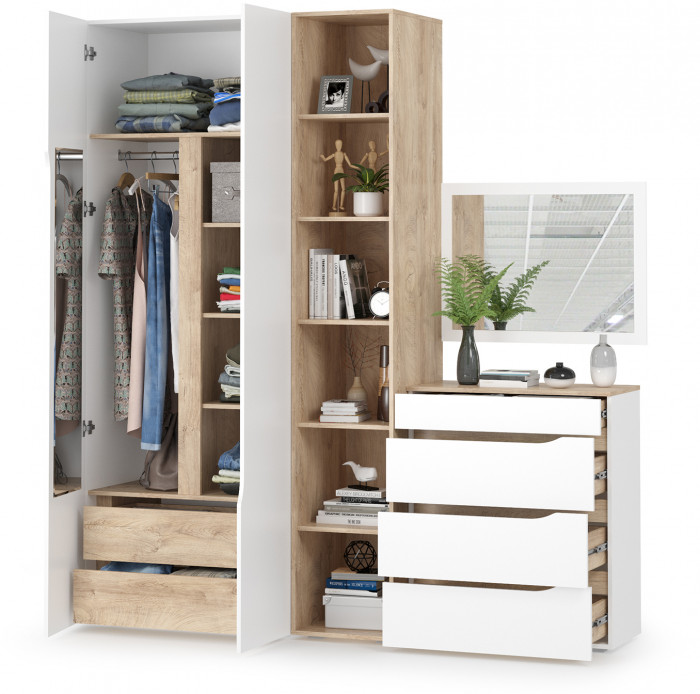 Муссон 13.198 Шкаф + 13.349 Стеллаж + 13.97 Комод + Зеркало СВК, белый/дуб эндгрейн элегантный