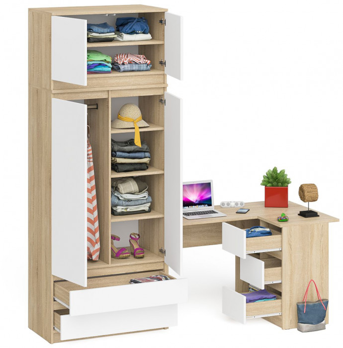 Мори Стол компьютерный МС-16 правый + Шкаф МШ900.1 + Антресоль МА900.1, цвет дуб сонома/белый, ШхГхВ 214,8х84,9х234,2 см., выд. ящ. справа, НЕ ун. сб.