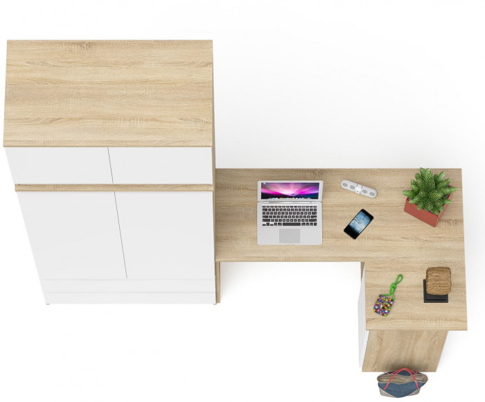 Мори Стол компьютерный МС-16 правый + Шкаф МШ900.1 + Антресоль МА900.1, цвет дуб сонома/белый, ШхГхВ 214,8х84,9х234,2 см., выд. ящ. справа, НЕ ун. сб.