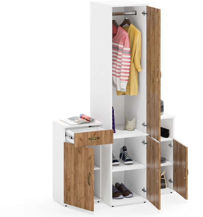 Лидер-8 Пенал МД 23Б + Тумба МД 3.15 + Тумба МД 3.19, цвет белый шагрень/крафт золото, ШхГхВ 120х50х190 см., универсальная сборка