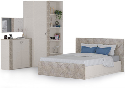 Амели Спальня № 9 Комод 13.107 + Зеркало + Шкафы 13.140 + 13.131 + Кровать 11.31 + под. ортопед, цвет шёлк. камень/бетон чикаго беж, 1600х2000 мм, б/м