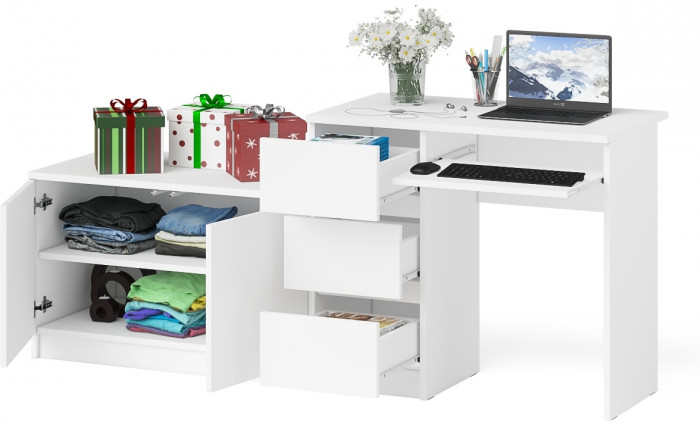 Мори Стол компьютерный МС-6 левый + Тумба МА900.1, цвет белый, ШхГхВ 180,4х50,4х76,6 см., выдвижные ящики слева, НЕ универсальная сборка