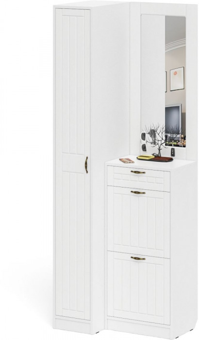 Прихожая П-6 Компоновка № 43, цвет белая шагрень/фасады МДФ белое дерево фрезеровка прованс, ШхГхВ 80х50х210 см., универсальная сборка