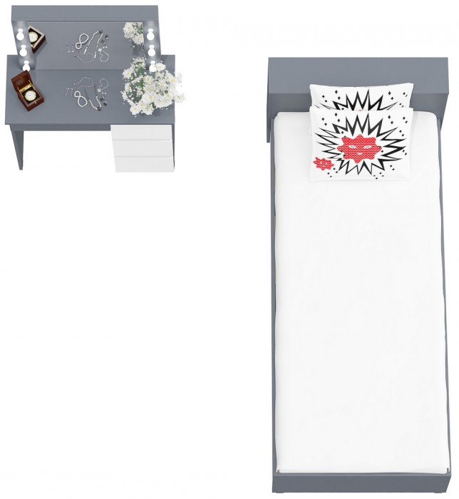 Ксения Кровать с ящиками 0900 + Стол косметический с подсветкой Сура, графит/белый