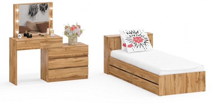 Ксения Кровать с ящиками 0900 + Стол косметический с подсветкой 110, дуб вотан