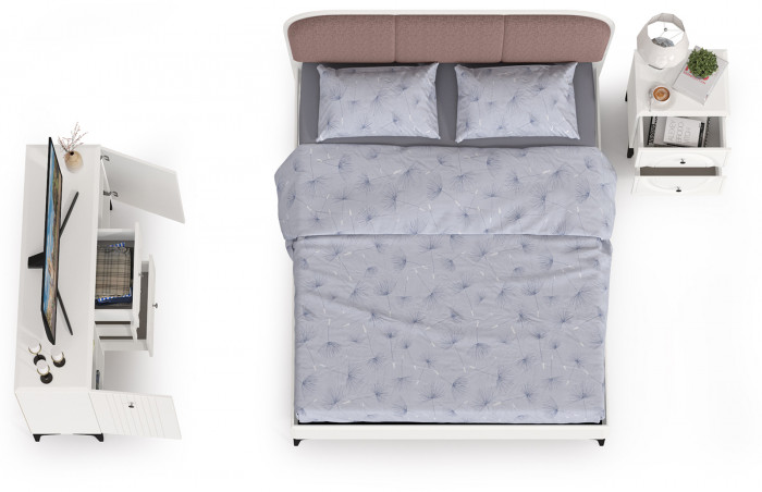 Валенсия Спальня № 04, цвет ЛДСП белый шагрень/МДФ белый шагрень/ткань велутто 19, ортопед есть, сп. м. 1600х2000 мм., б/м