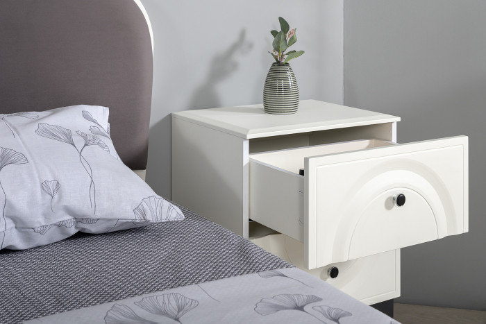 Валенсия Спальня № 04, цвет ЛДСП белый шагрень/МДФ белый шагрень/ткань велутто 19, ортопед есть, сп. м. 1600х2000 мм., б/м