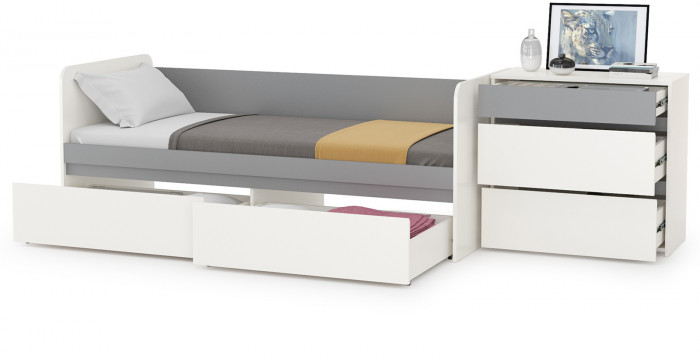 Торонто 11.39 Кровать + 13.321 Комод, цвет белый шагрень/стальной серый, ШхГхВ 274х84,4х75,4 см., сп. м. 800х1900 мм., б/м, основание есть