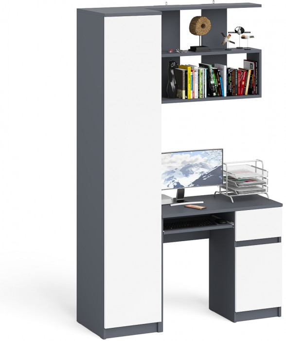Мори компьютерный стол МС-1 правый + Пенал МШ400.1 + Полка 900, графит/белый