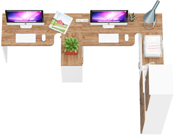 Лидер-8 Стол + Стол + Пенал + Тумба МД 3.19, цвет белый шагрень/крафт золото, ШхГхВ 410х50/30х75/190 см. или 230х50/160х75/190 см., НЕ универс. сборка