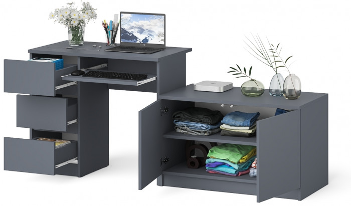 Мори Стол компьютерный МС-6 левый + Тумба МА900.1, цвет графит, ШхГхВ 180,4х50,4х76,6 см., выдвижные ящики слева, НЕ универсальная сборка